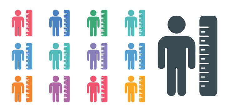 Colorful human height measurement icon collection with flat style people and ruler symbols vector