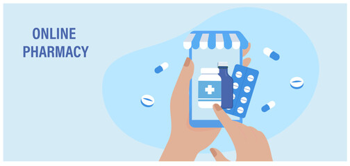 Online pharmacy, people consult with pharmacist to buy medicine vector illustration