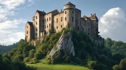 Fototapeta premium Majestic Medieval Castle Perched on Rocky Hill Surrounded by Lush Green Landscape and Blue Sky