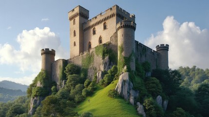 Fototapeta premium Majestic Medieval Castle Perched on Rocky Hill Surrounded by Lush Greenery Under Clear Blue Sky