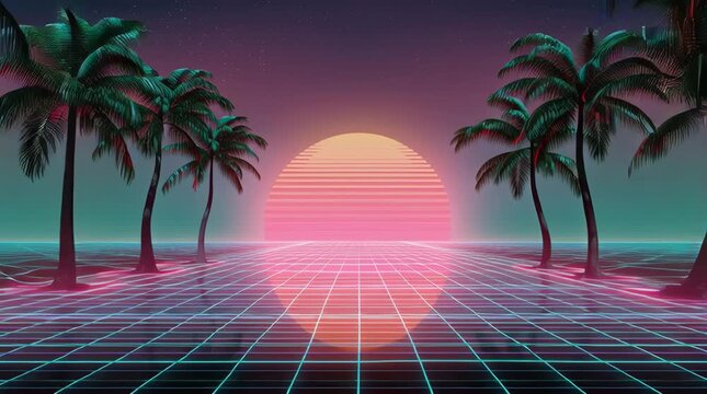 Retro futuristic Vaporwave Stock Video of a Neon Tunnel Sunset