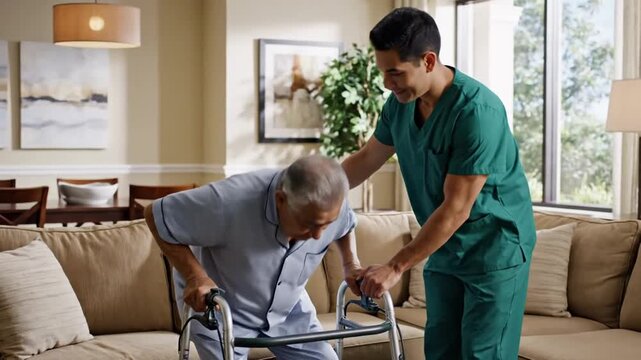 Professional male nurse providing compassionate healthcare service to a senior man sitting on a comfortable sofa in an assisted living facility or nursing home environment for elderly support.