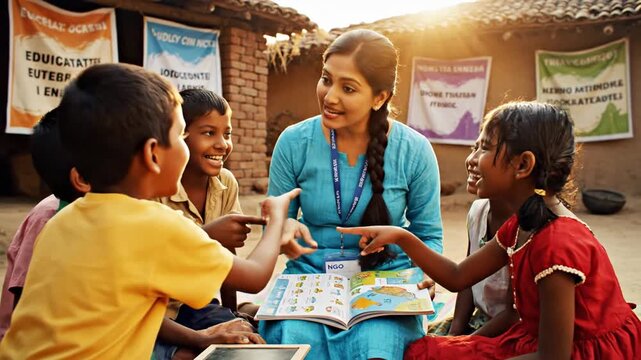 Compassionate volunteer supporting underprivileged children during an educational NGO outreach program outdoors, providing hope and assistance for youth in a developing community.