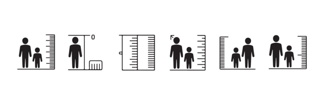 Human height scale icon collection featuring person silhouettes next to measuring rulers set