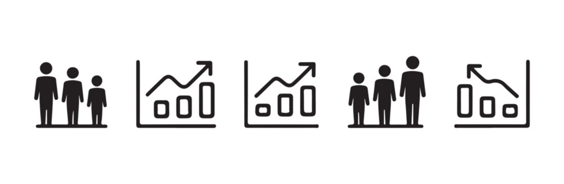 Growing bar charts showing progress of small group of people height difference icons