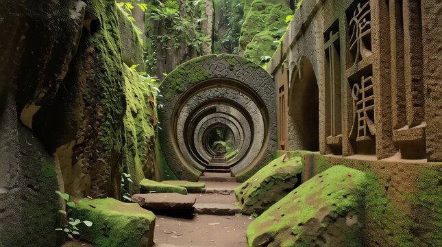 Ancient Stone Tunnel with Mossy Archways, Stock Video