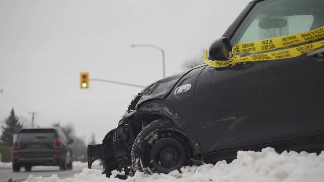 Damaged black car with police tape at snowy intersection accident scene