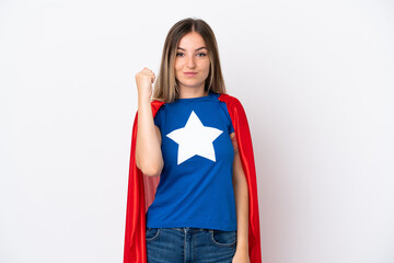 Fototapeta premium Young Romanian woman isolated on white background in superhero costume