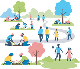 Fototapeta premium Diverse group of people focusing on nature conservation and environmental protection in a lush green outdoor setting with trees and plants.