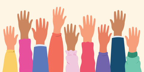 Obraz premium Concept of voting, Hands raised up together vector illustration.