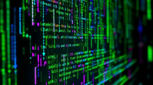 Close up of a computer monitor screen displaying colorful HTML and CSS program code