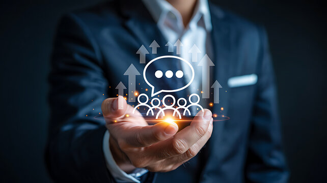 Corporate leader presenting digital communication icons showing chat bubbles and team symbols with upward arrows signifying social media influence and community growth for enterprises