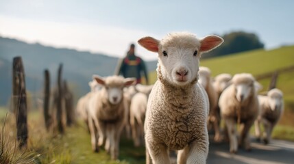 Obraz premium Scenic Rural Landscape Featuring a Shepherd Guiding a Flock of Sheep Through Lush Green Pastures
