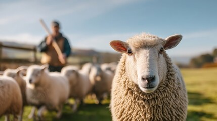 Fototapeta premium Shepherd Guiding Flock of Sheep Across Lush Green Pasture Under Blue Sky in Serene Landscape