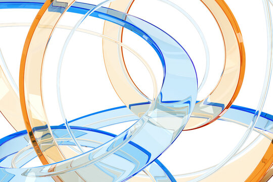 Abstract interlocking transparent rings in blue and orange with white background. 3d render