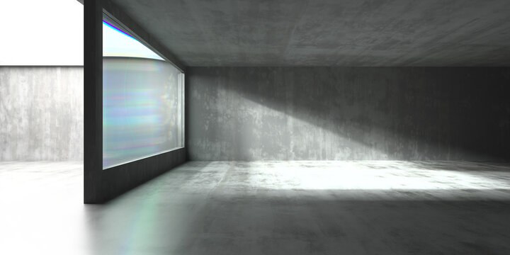 Minimalist concrete architectural interior with sunlight beam and large window. 3d render