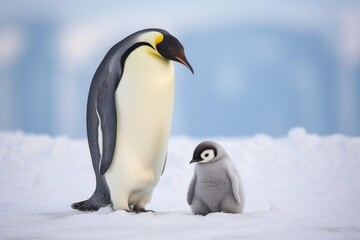 Obraz premium Emperor penguin and chick standing on a snow covered landscape with a soft blue background