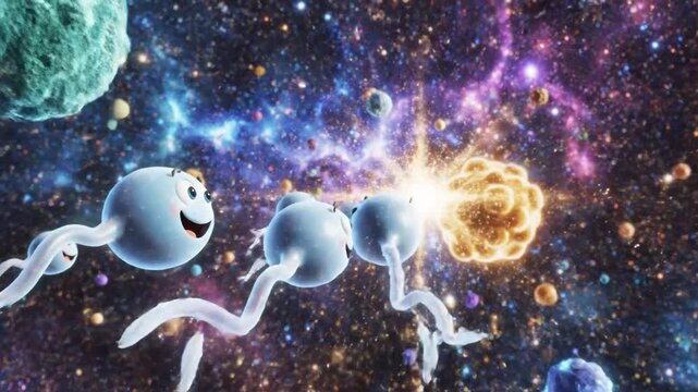 Happy cartoon sperm cells swimming in colorful space galaxy