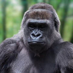 Obraz premium Cross River gorilla close-up portrait with intense focused expression, broad chest and dark fur highlighted against blurred green forest background