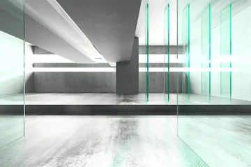 Fototapete 3D Futuristic interior with glass reflections and minimalist design. 3d render  © VERSUSstudio