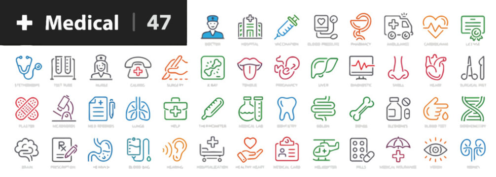 Collection of diverse medical icons representing various healthcare symbols and tools in a grid layout
