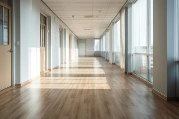 Fototapeta premium Modern empty hallway featuring natural light from large windows illuminating a wooden floor