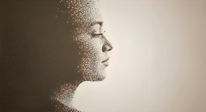 Woman face profile created with small dots and particles