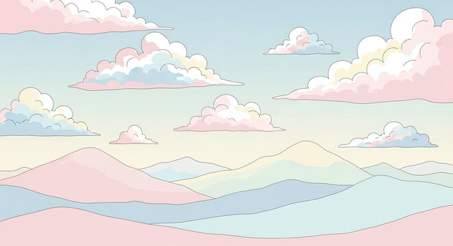 An illustrated pastel landscape features soft rolling hills and colorful cumulus clouds under a light blue sky.