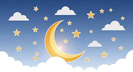 Golden crescent moon surrounded by stars and clouds in a blue sky.