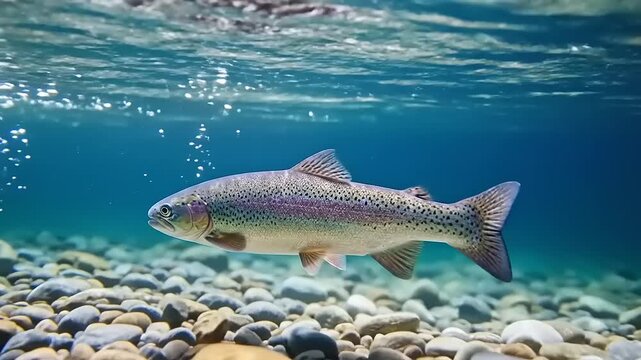Salmon Swimming Underwater Near Rocky Riverbed.