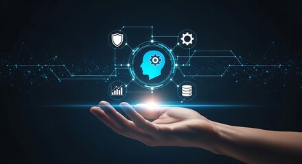 Fototapeta premium Hand holding a glowing head with gear and technology innovation
