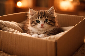 Kitten inside cardboard box