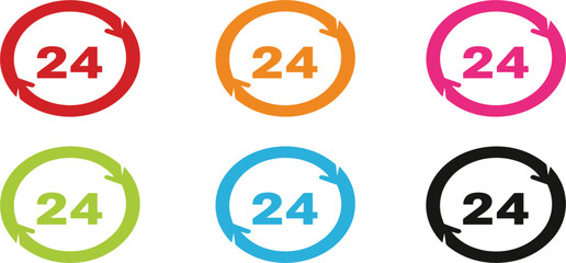 24 Hour Service Circular Arrow Icon Set in Color Variations for Customer Support Delivery Time Availability and Business Schedule Design