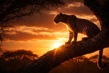 Leopard resting on tree branch during sunset