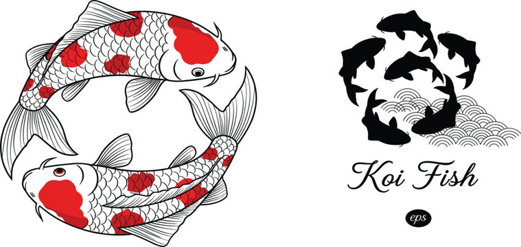 Circular Japanese Koi Fish Vector Set with Red Spotted Carp Yin Yang Composition Black Silhouettes and Traditional Seigaiha Water Wave Patterns for Logos