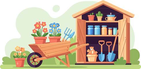 Obraz premium Wooden shed and wheelbarrow with potted plants and gardening tools