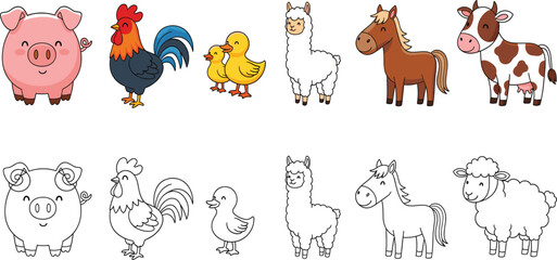 Fototapeta premium Cute Kawaii Farm Animal Vector Set Featuring Cartoon Pig Rooster Ducklings Alpaca Horse and Cow with Matching Black Line Art Coloring Page Outlines