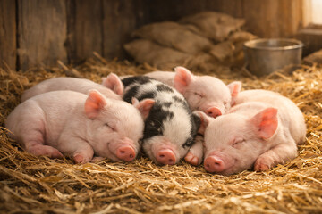 Piglets sleeping together on dry hay in farm barn