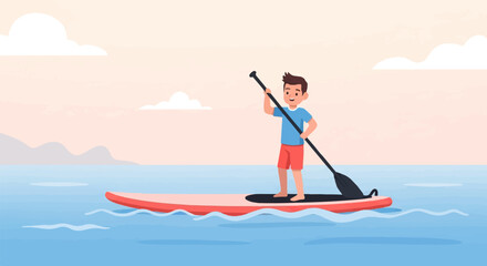 Young boy enjoys a serene paddleboarding adventure on a calm, blue ocean