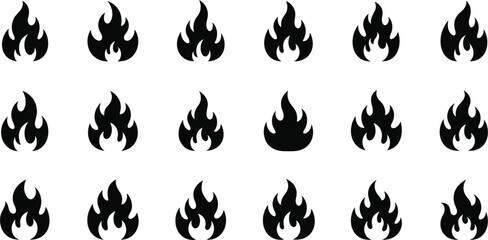Fire Flame Icon Set in Flat Silhouette Style for Heat Warning Emergency Hazard Symbols Campfire Logo Design and Safety Sign Graphics © Selim Studio