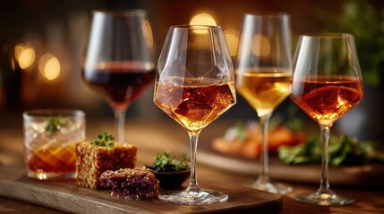Naklejka premium Elegant Wine Tasting with Appetizers on Wooden Board, Warm Lighting