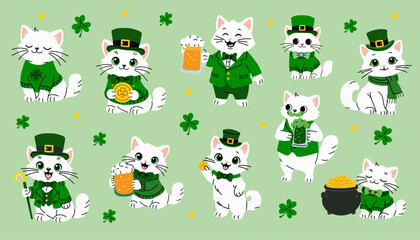 Fototapeta premium Lucky Irish Cat Characters with Shamrocks