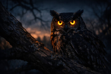 Owl perched on branch at dusk