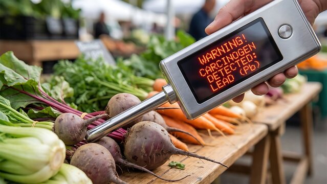 Hand holding a device detecting lead (Pb) in fresh vegetables at an outdoor market, warning of carcinogens.