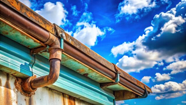 Rustic copper gutter system against a vibrant blue sky with fluffy white clouds, showing signs of age and weathering, showcasing the beauty of aged metal and natural elements