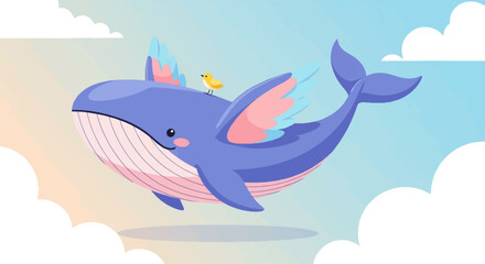 Obraz premium Whimsical winged whale with tiny bird friend soars through pastel sky clouds