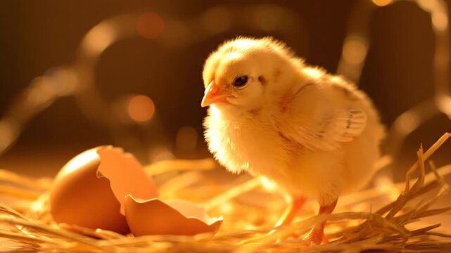 A fluffy, yellow chick stands beside its broken egg in a soft, golden-lit setting