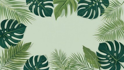 Naklejka premium Tropical foliage in varying shades of green, digital illustration with flat design and copy space