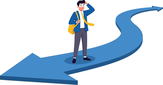 Young professional standing on winding blue arrow path