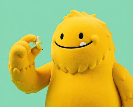 cute ghost knitting halloween illustration Adorable smiling yellow monster holding a tiny banana. Cute and funny character portrait on a pastel mint green background.  cozy craft activity cartoon styl